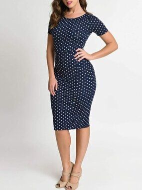 Unique Vintage Mod Navy Blue & White Polka Dot Pencil Wiggle Dress XS 2